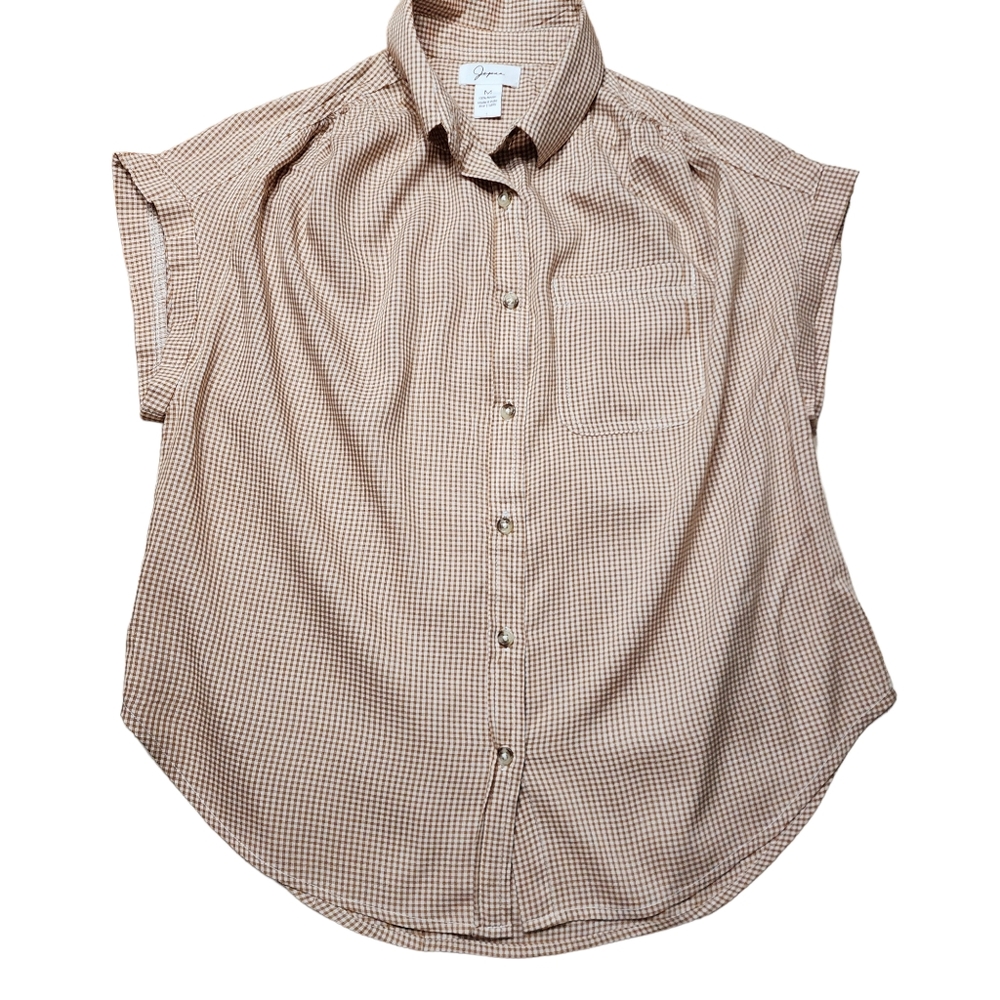 Japna Checkered Button Down Cap Sleeve Top Sz M